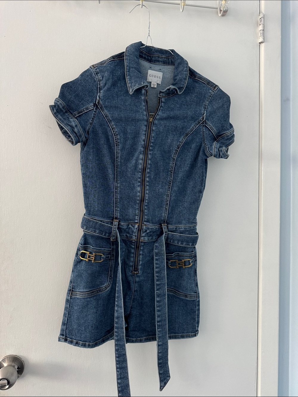 GUESS Blue Denim Zip-Front Short-Sleeve Jacket Dress with Belt
